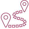 Zwei Standortmarker mit einem verbundenen Weg, der durch quadratische Punkte führt. Das Bild symbolisiert Navigation oder Reise.