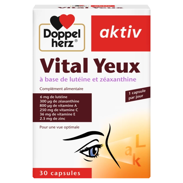 The image shows a package of "Doppelherz aktiv Vital Yeux," an eye health supplement containing lutein and zeaxanthin. It lists key ingredients, including vitamins A, C, E, and zinc. The product is designed to support optimal vision, with instructions for taking one capsule daily.
