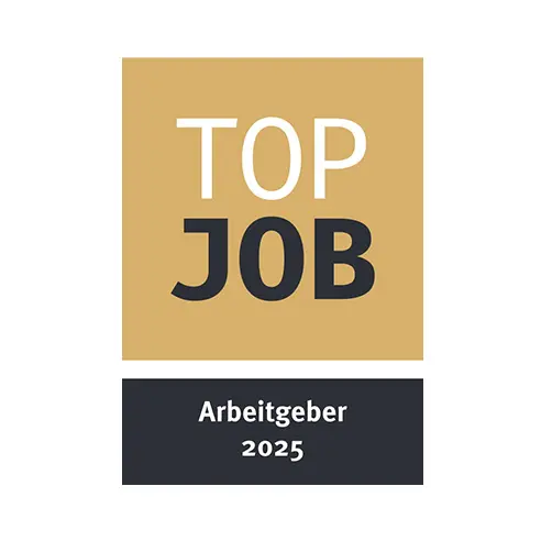 Logo featuring the text "TOP JOB" in bold, with "Arbeitgeber" and "2025" below. The background is divided into a light gold upper section and a dark section below.
